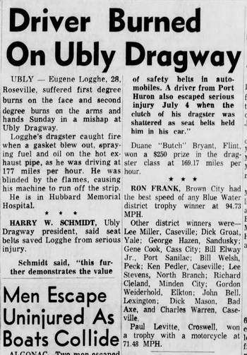 1963 article on injury at track Ubly Dragway, Ubly